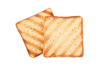 Slices of delicious toasted on white background, top view