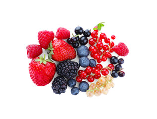 Mix of different fresh berries isolated on white, top view