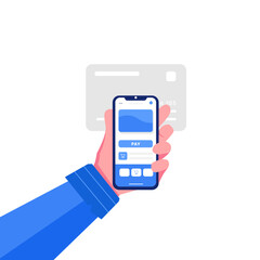Human left hand holding cellphone by making payment illustration