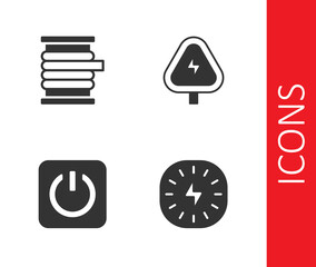 Set Lightning bolt, Wire electric cable on reel, Power button and High voltage icon. Vector