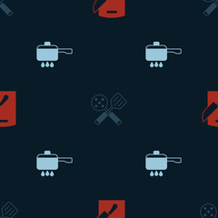 Set Cutting board and knife, Spatula and Cooking pot on fire on seamless pattern. Vector