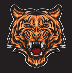tiger head isolated on black background for poster, t-shirt print, business element, social media content, blog, sticker, vlog, and card. vector illustration.