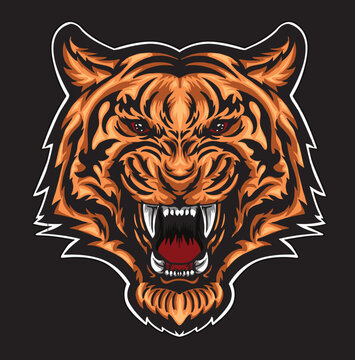 tiger head isolated on black background for poster, t-shirt print, business element, social media content, blog, sticker, vlog, and card. vector illustration.
