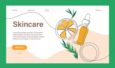 Skin care concept. Landing page template. Morning routine. Bath time. Organic products for scrubbing and body skin care with natural herbal skin care products, top view. Vector illustration