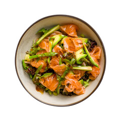 mixed salad with salmon and asparagus isolated on white background top view