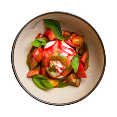 salad with buratta cheese,tomatoes and strawberry sauce with basil isolated on white background top view