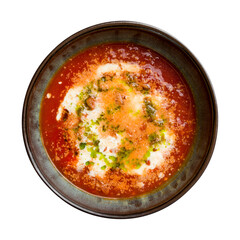 Soup cream of tomato on bowl isolated on white background top view