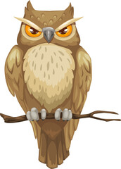 Halloween bird, owl on branch icon