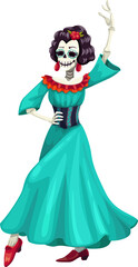 Fototapeta na wymiar Mexican woman dancer with catrina calavera skull