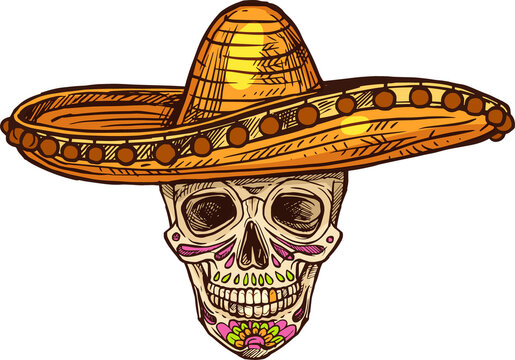 Mexican calavera skull in sombrero hat isolated
