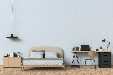 3D render of interior bedroom workspace with laptop computer