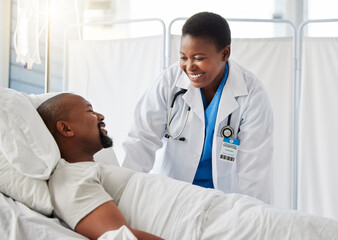 Healthcare doctor, insurance, and patient in bed talking of medical health surgery in hospital or...