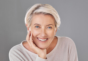 Skincare, beauty and happy senior woman or face model with healthy teeth giving a smile on a...
