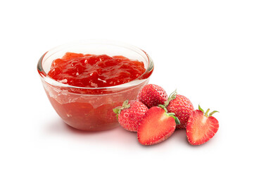 Strawberry jam in a glass bowl with  fresh strawberry on white