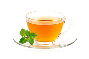 Cup of tea with mint isolated on white background.