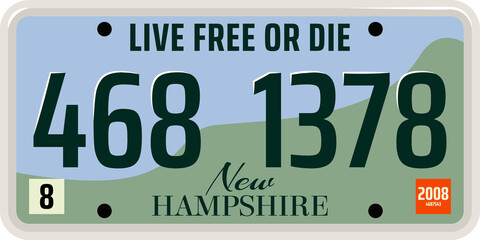 Vehicle license plate of New Hampshire state, USA - obrazy, fototapety, plakaty