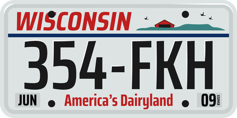 USA Wisconsin state isolated car registration sign - obrazy, fototapety, plakaty