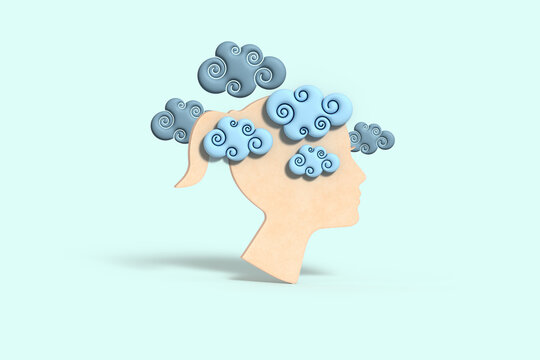 Brain Fog illustration, female head with stylised fog clouds, long covid, menopause, confusion, loss of concentration, dementia concept. 3D illustration