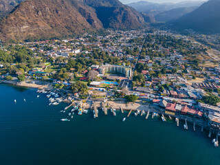 Fototapeta na wymiar Beautiful aerial view of the Panajachel town next to the Atitlan lake in Guatemala.