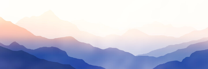 Sunrise in the mountains, mountain ranges in the morning haze, panoramic view, vector illustration - obrazy, fototapety, plakaty