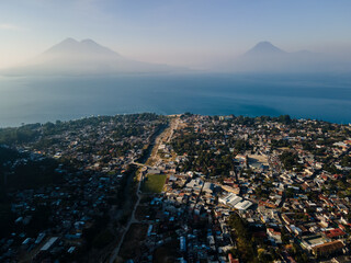 Beautiful aerial view of the Panajachel town next to the Atitlan lake in Guatemala.