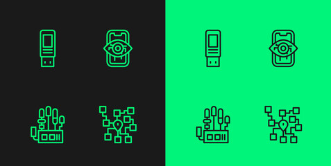 Set line Neural network, Mechanical robot hand, USB flash drive and Computer vision icon. Vector