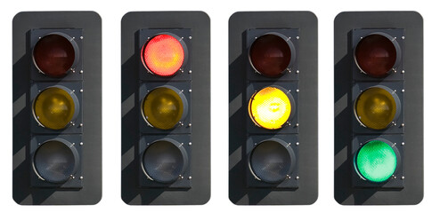 Signs: Traffic Light With Red, Yellow and Green Lights - obrazy, fototapety, plakaty