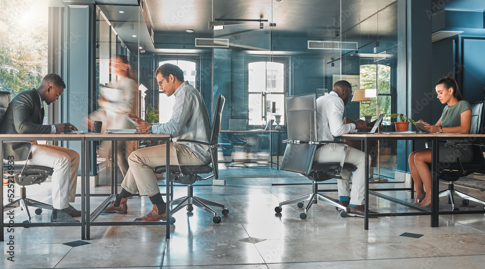 Poster coworking space, office and sharing desk in corporate workplace. diversity, efficiency and modern wo