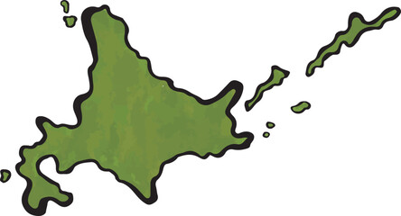 北海道マップのイラスト、アウトラインあり。択捉などの島あり。
