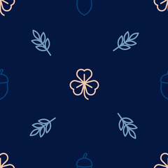Set line Acorn, Leaf and Clover on seamless pattern. Vector