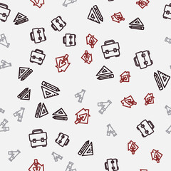 Set line Triangular ruler and pencil, Toolbox, Industry metallic pipe and House with trowel on seamless pattern. Vector