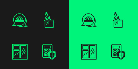 Set line Security keypad access panel, Window in room, Worker safety helmet and Paint bucket with brush icon. Vector