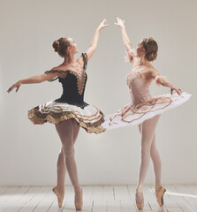 Ballerina, ballet dancer and creative performance, training rehearsal and choreography with en...