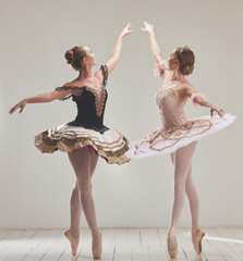 Ballerina, ballet dancer and creative performance, training rehearsal and choreography with en pointe technique on toes in dance studio. Graceful, elegant and beautiful women dancing in tutu costume