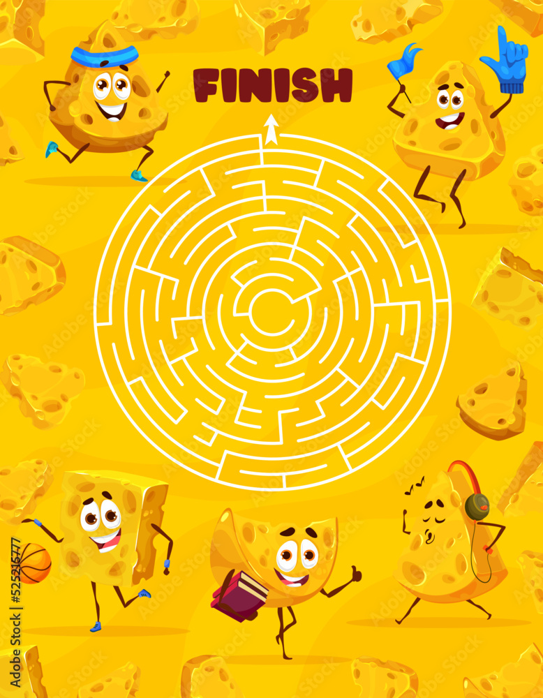 Poster round labyrinth maze, cartoon maasdam and gouda cheese characters. kids vector riddle, worksheet puz