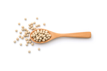 White pepper or peppercorns in wooden spoon isolated on white background , top view , flat lay.