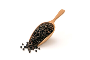 Black pepper or peppercorns in wooden spoon isolated on white background.