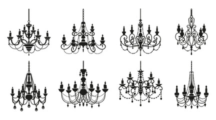 Chandelier silhouettes, candelabra with candlesticks and crystal lamp lights, vector icons. Vintage baroque chandelier lamps or royal lampshades with candles and crystal pendants in black silhouettes - obrazy, fototapety, plakaty