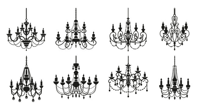Chandelier silhouettes, candelabra with candlesticks and crystal lamp lights, vector icons. Vintage baroque chandelier lamps or royal lampshades with candles and crystal pendants in black silhouettes