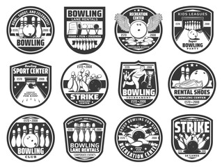 Bowling club ball icons, team strike pin game, vector tournament competition, league badges. Ninepin bowling sport game emblems of ball with wings and champion cup, lane rentals entertainment center