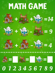 Math game worksheet, cartoon elf and gnome house buildings puzzle quiz. Vector riddle game of addition and subtraction exercises with fairy tree stump and teapot houses, kids education activity