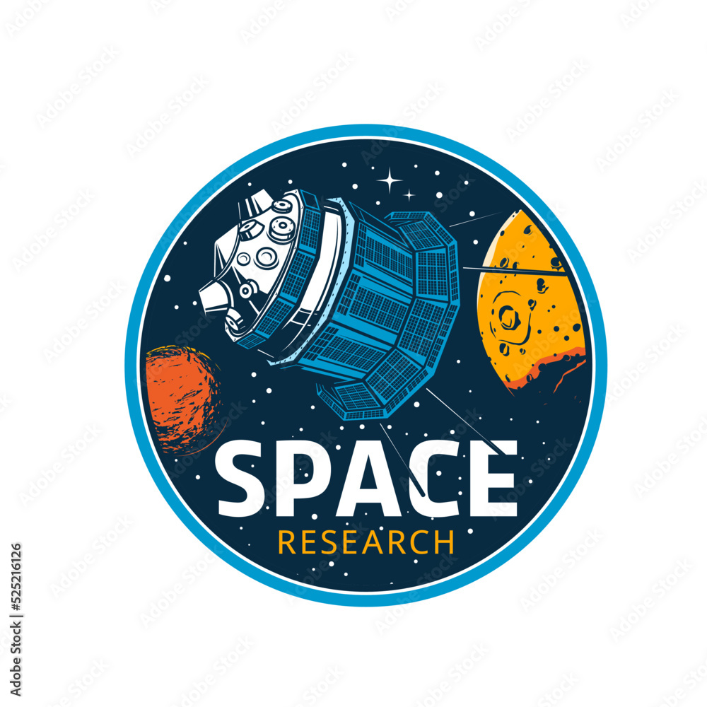 Poster space explorer in galaxy. galaxy planets discovery and explore vector emblem or deep space research 