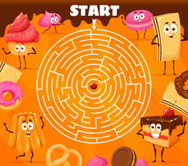 Round labyrinth maze cartoon bakery, sweets and dessert characters. Vector kids worksheet quiz with chocolate cookie, cake, meringues and pudding, pretzel, cupcake or waffle, macaroon and donut