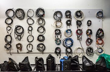 Wall of wires and cables for music and movie productions