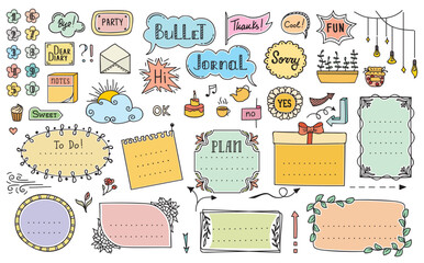 Bullet journal diary calendar color doodle frames and elements, vector stickers. Bullet journal doodle icons, number labels, notes and arrows, notebook day planner banners and reminder ribbons
