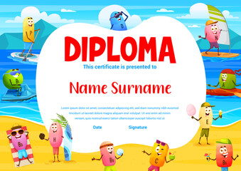 Kids diploma. Cartoon vitamins summer beach vacation. Graduation diploma or award vector template with healthy vitamin personages sunbathing, surfing and diving, kayaking on sea and beach
