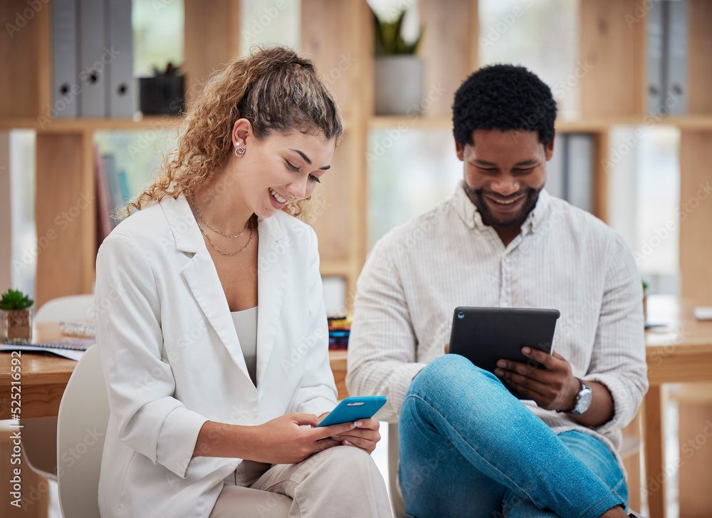 Poster Technology, communication and networking with a business man and woman using a phone and tablet while sitting in their office at work. Connected, online and working together as a creative team