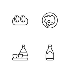 Set line Soy sauce bottle, Bottle of sake, Sushi and Rice in bowl icon. Vector