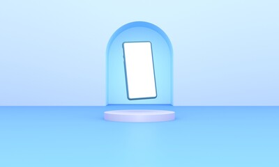blue podium or platform,smartphone and icon media social with blue background 3d illustration rendering for flyer display products, design advertising and etc