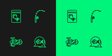 Set line Fish, Spinning reel for fishing, Served on plate and Fishing rod icon. Vector